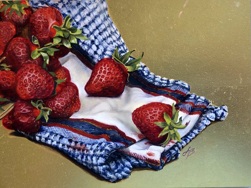 Luscious srping Strawberries painted on 23k gold leaf with hand made oil paint. 