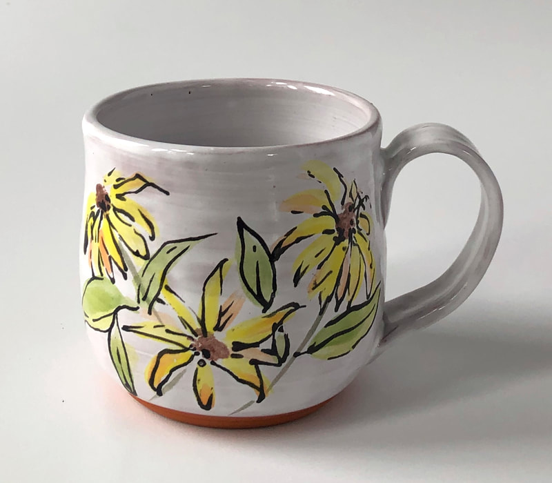 Rubeckia, Black eyed Susans from Monhegan hand painted on an earthenware mug.